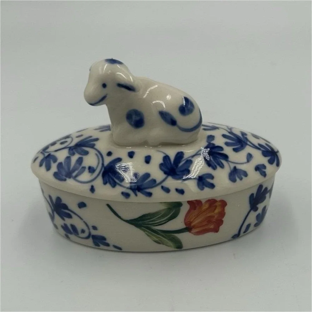 Vintage Delfts Holland Hand painted Floral Oval Trinket Box cow